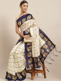 ISHIN - Womens Art Silk Off White & Navy Blue Printed Mysore Silk Saree with Unstitched Blouse