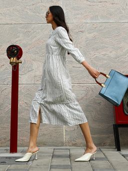 PINACOLADA - Women Ivory White and Midnight Black Chalk Striped Midi Dress