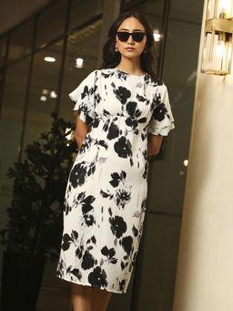 PINACOLADA - Women Ivory White and Midnight Black Flower Dress with Slit