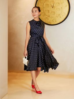 PINACOLADA - Women Midnight Black Tie-Up Polka Dot Dress