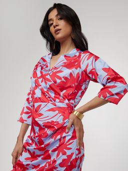 PINACOLADA - Women Icy Blue and Cherry Red Contrast Botanical Dress