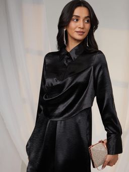 PINACOLADA - Women Midnight Black Draped Shirt Dress