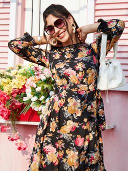 PINACOLADA - Women Midnight Black Floral Midi Dress
