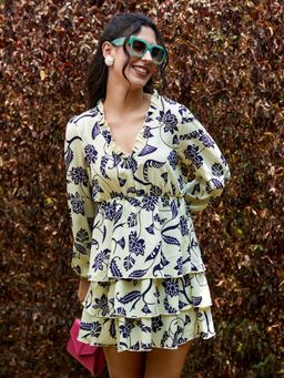 PINACOLADA - Women White and Navy Blue Botanical Vines Dress