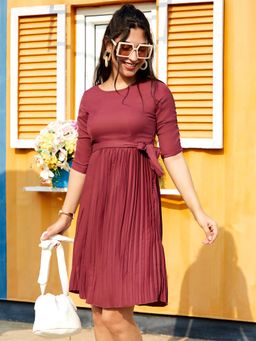 PINACOLADA - Women Maroon Red Pleated Tie-Up Dress