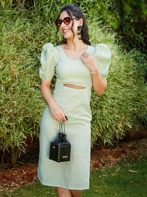 slim fit dress slacks Palasha Midi Dress in Satin Lime Green