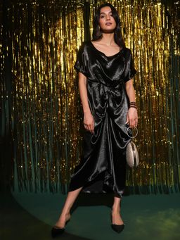 PINACOLADA - Women Midnight Black Draped Satin Dress