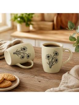 BRINNS - Ceramic White Floral Stoneware Microwave Safe - 2 Milk - Coffee Mugs - 320 ml (Pack of 2)