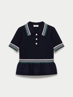 Pomelo - Knitted Buttoned Polo Top - Navy Blue