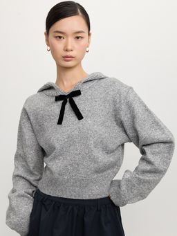 Pomelo - Knitted Hoodie with Bow - Mid Grey