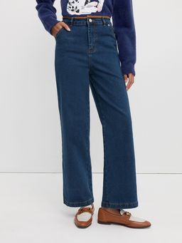 Pomelo - High-Waisted Suede-Trim Jeans – Indigo