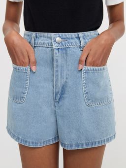 Pomelo - High-Waisted Denim Shorts with Stitch Detail – Light Blue