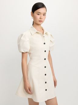 Pomelo - Puffed Sleeve Button-Up Dress - Off-White
