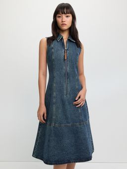Pomelo - Sleeveless Zip-Front Denim Dress – Dark Blue