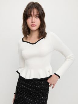 Pomelo - Contrast Trim Peplum Knit Top - Off-White