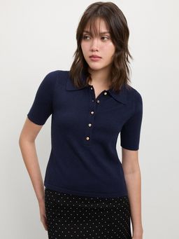 Pomelo - Knitted Three-Quarter-Sleeve Polo Top - Navy