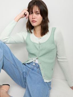 Pomelo - Button-Up Knitted Layered Tank Top - Light Green