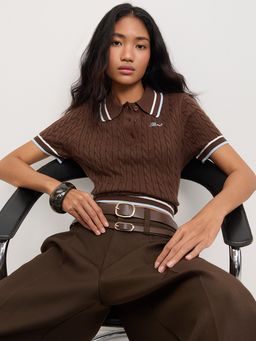 Pomelo - Cable Knitted Cropped Polo - Brown
