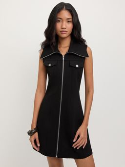 Pomelo - Collared Sleeveless Zip Dress - Black