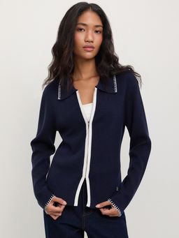 Pomelo - Contrast Trim Zipped Cardigan Jacket - Navy