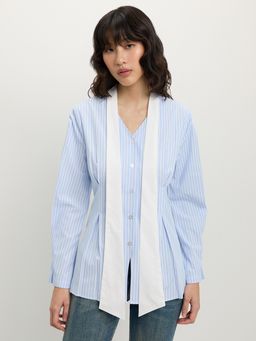Pomelo - Bow Tie Striped Blouse - Baby Blue