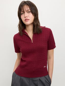 Pomelo - Knitted Zip Polo Top - Red