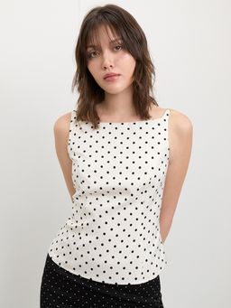 Pomelo - Sleeveless Boat-Neck Polka Dot Top – White