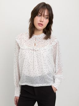 Pomelo - Sheer Ruffled Polka Dot Blouse – White