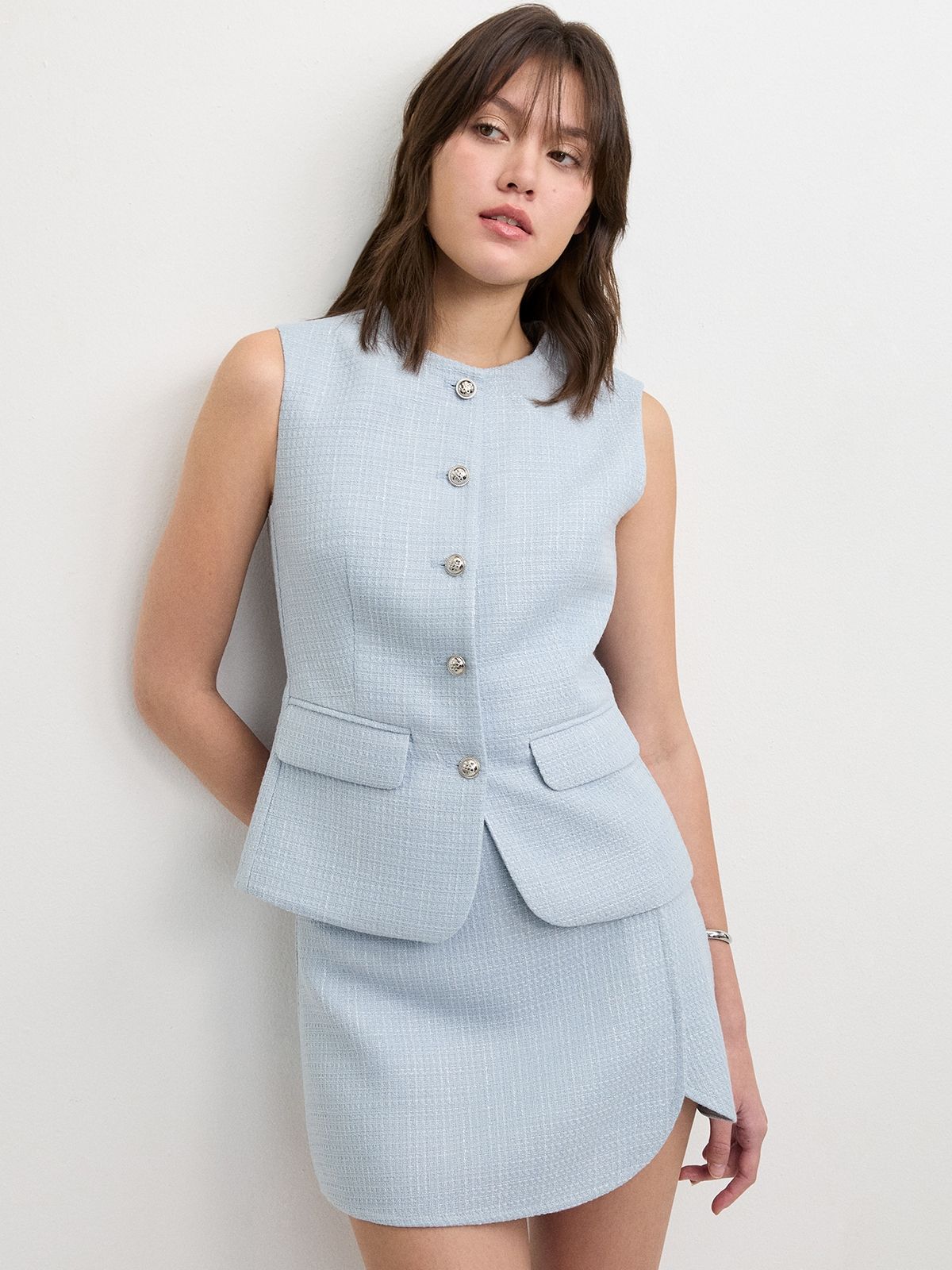 pomelo Sleeveless Tweed Jacket – Baby Blue-picture-21