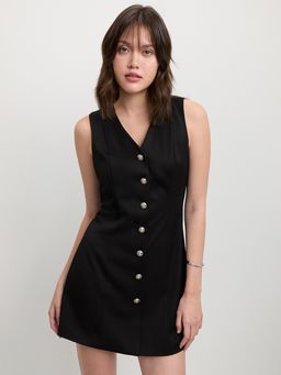 Pomelo - V-Neck Button-Up Sleeveless Dress – Black