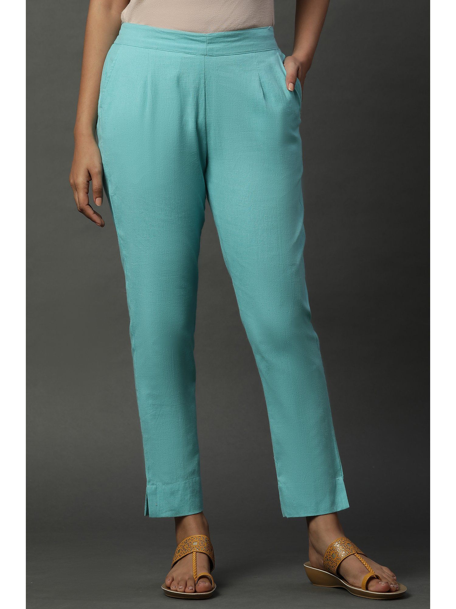 Women Slim Fit Turquoise Cotton Trouser-image-6