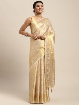 Mimosa - Women's Kanjivaram Art Silk Beige Saree with Unstitched Blouse