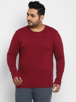 Urbano Plus - Mens Maroon Solid Henley Neck Regular Fit Full Sleeve Cotton T-shirt