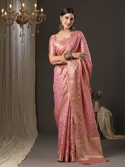 Akhilam - Womens Organza Pink Woven Design Designer Saree with Unstitched Blouse