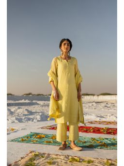 Karaj Jaipur - Lime Green Kurta with Pant and Dupatta (Set of 3)