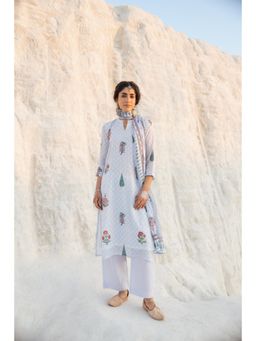 Karaj Jaipur - Powder Blue Embroidered Digital Print Kurta with Palazzo and Dupatta (Set of 3)