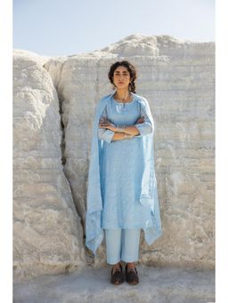 Karaj Jaipur - Mul Chanderi Ice Blue Chikankari Kurta with Pant and Dupatta (Set of 3)