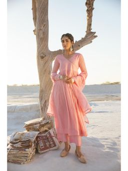Karaj Jaipur - Rose Pink Mul Cotton Angrakha Kurta with Pant and Dupatta (Set of 3)