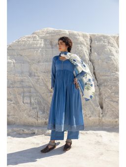 Karaj Jaipur - Mul Cotton Blue Anarkali Kurta with Palazzo and Dupatta (Set of 3)
