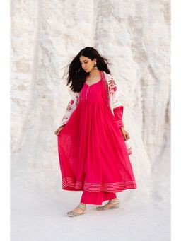 Karaj Jaipur - Mul Cotton Magenta Pink Anarkali Kurta with Palazzo and Dupatta (Set of 3)