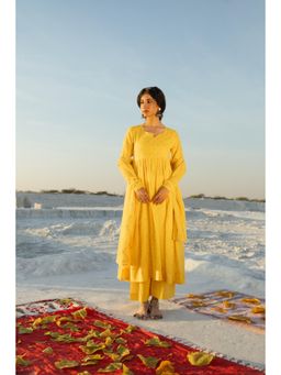 Karaj Jaipur - Yellow Mul Cotton Anarkali Kurta with Palazzo and Dupatta (Set of 3)
