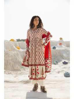 Karaj Jaipur - Cream Hand Block Print Cotton Anarkali Kurta with Pant and Dupatta (Set of 3)