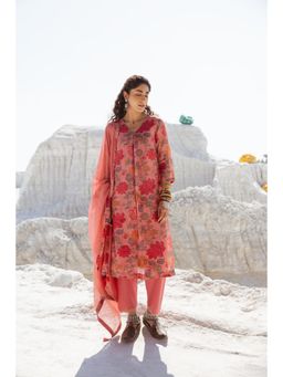 Karaj Jaipur - Rose Pink Linen Kurta with Pant and Dupatta (Set of 3)