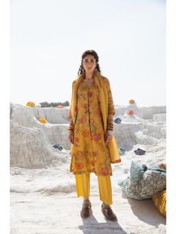 Karaj Jaipur - Mustard Linen Kurta with Pant and Dupatta (Set of 3)