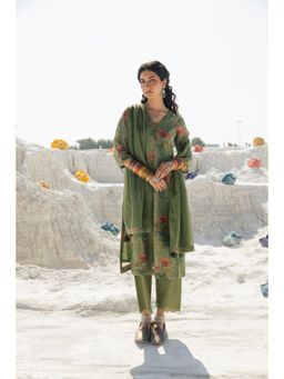 Karaj Jaipur - Sage Green Linen Kurta with Pant and Dupatta (Set of 3)