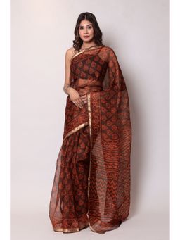 Zari Jaipur - Kota Doria Orange Color Saree with Unstitched Blouse