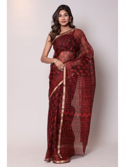 Zari Jaipur - Kota Doria Red Color Saree with Unstitched Blouse