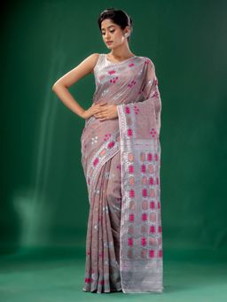 CHARUKRITI - Steel Grey Cotton Silk Handwoven Soft Jamdani Saree without Blouse