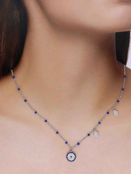 Kai Jewel - 92.5 Sterling Silver- Evil Eye Blue Hamsa Charm Necklace