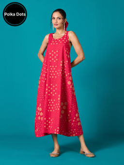 Likha - Fuschia Pink Polka Dot Printed Cotton Flex Flared Dress LIKDRS72